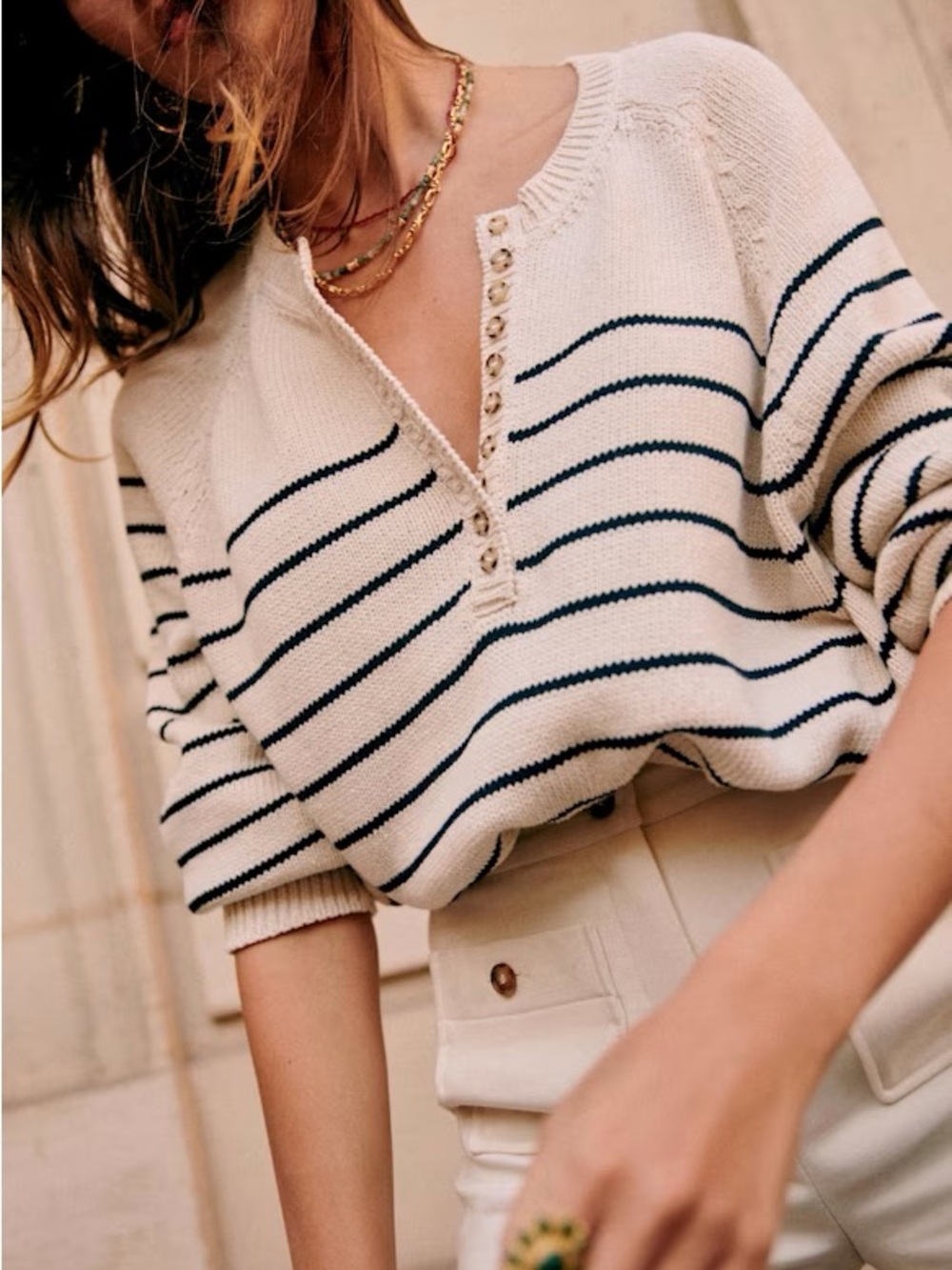 Sezane Cream Sweater with Navy Stripes V-Neck